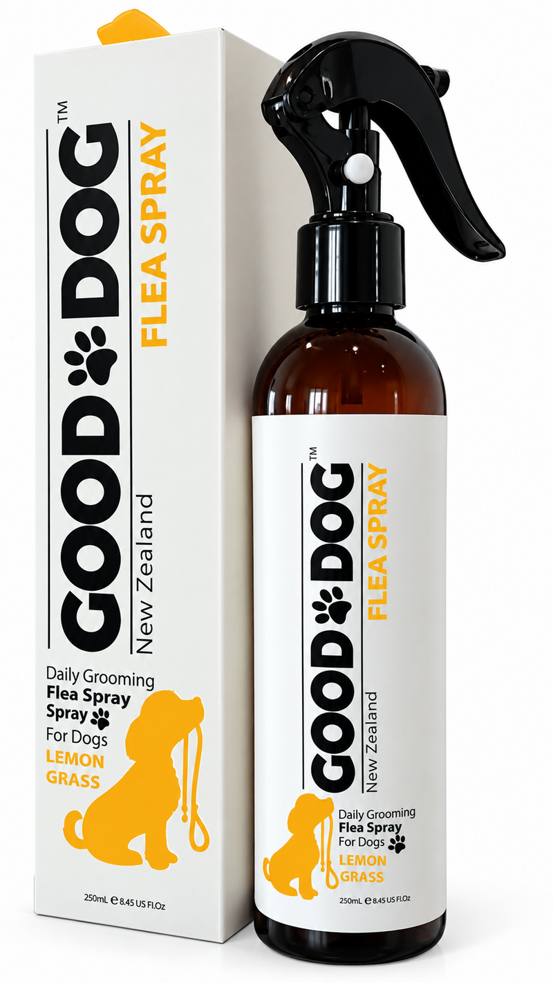 Good Dog lemongrass flea spray, 250ml bottle and box
