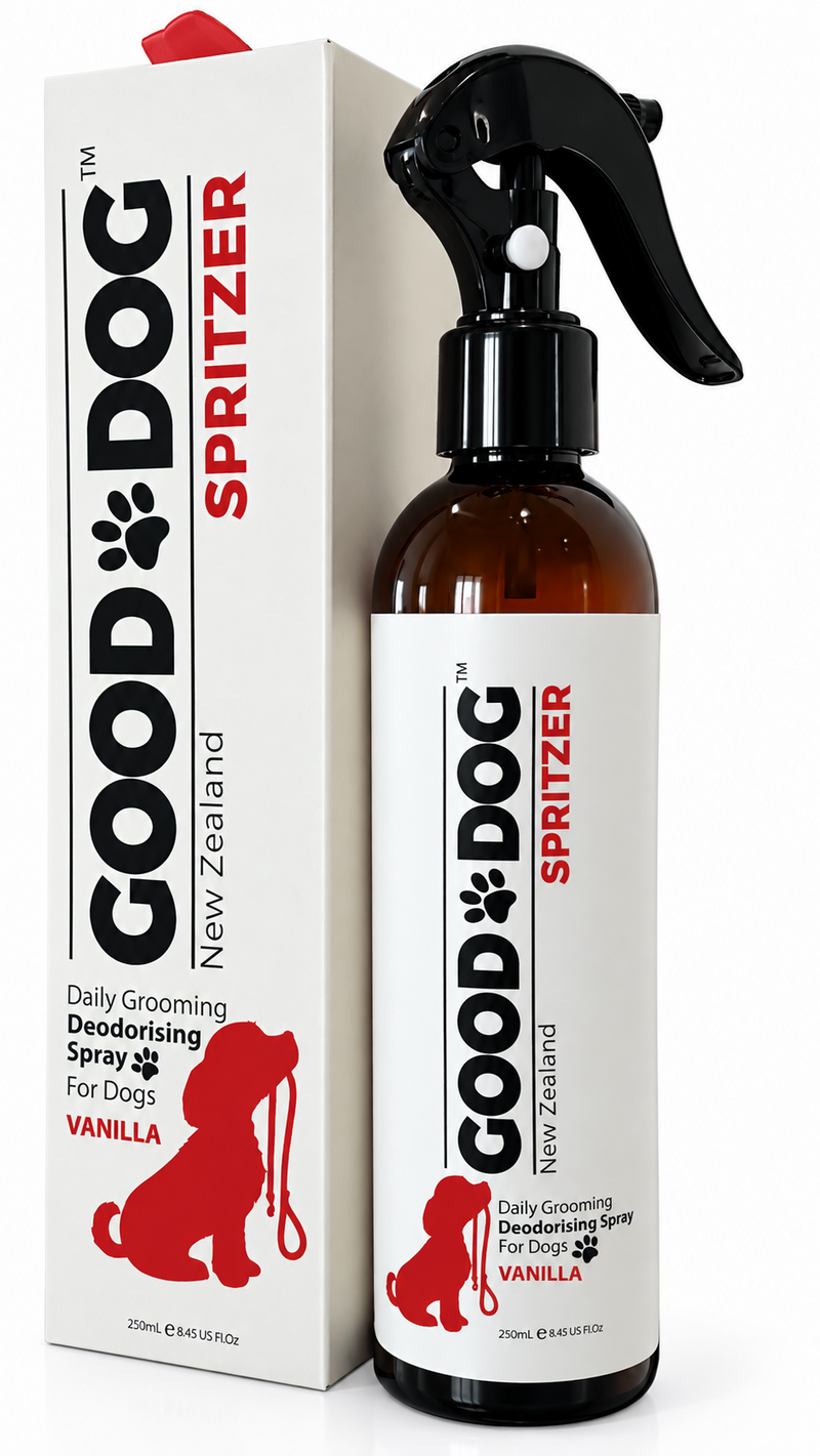 Good Dog vanilla deodorising spritzer, 250ml bottle and box
