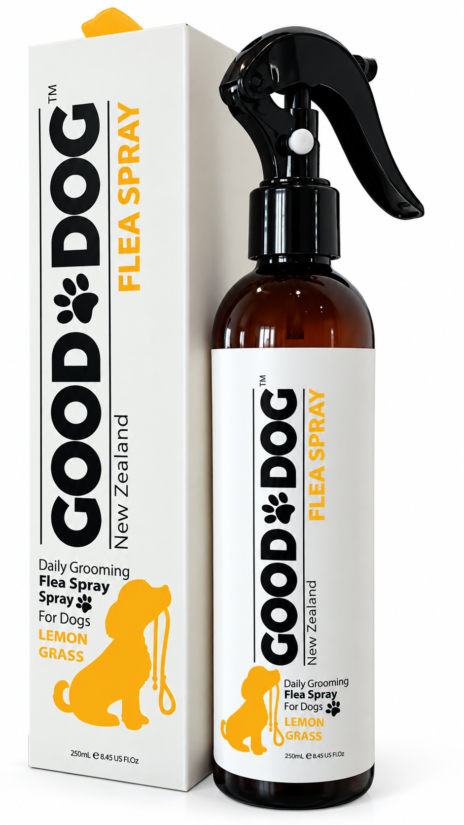 Good Dog lemongrass flea spray, 250ml bottle and box